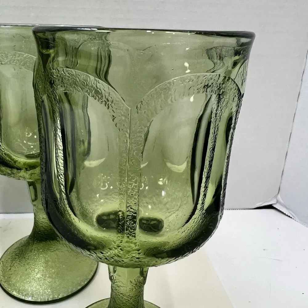 Vintage Fostoria Woodland Green Wine Water Glasses Goblets Set Of 4  Textured